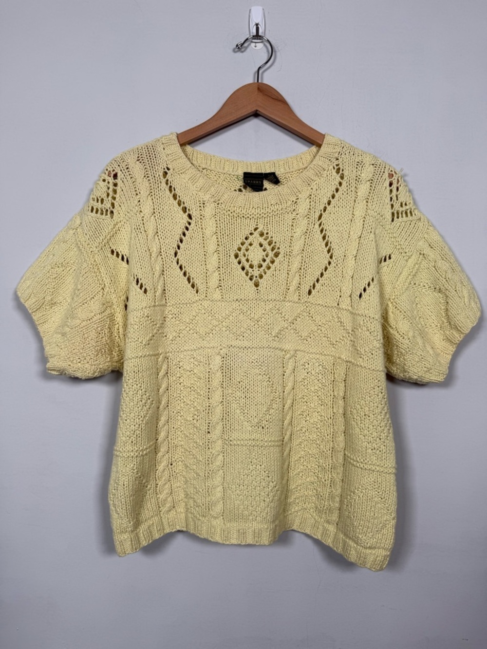 Sparrs Butter Yellow Knit Short Sleeve Sweater, 100% Cotton, Size M